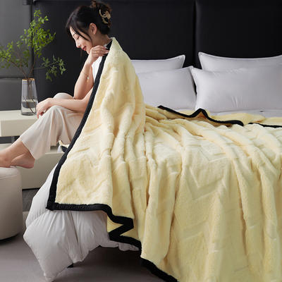 2024A类新款兔毛绒毛毯双层复合毯空调毯休闲毯 150*200+-5cm 水波纹-奶油黄
