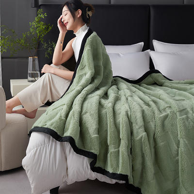 2024A类新款兔毛绒毛毯双层复合毯空调毯休闲毯 150*200+-5cm 水波纹-氧气绿
