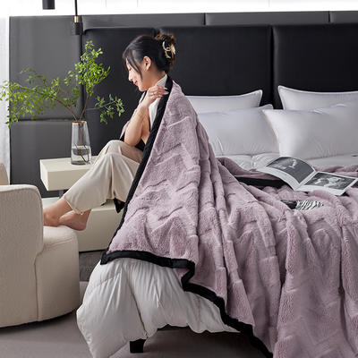 2024A类新款兔毛绒毛毯双层复合毯空调毯休闲毯 150*200+-5cm 水波纹-丁香紫