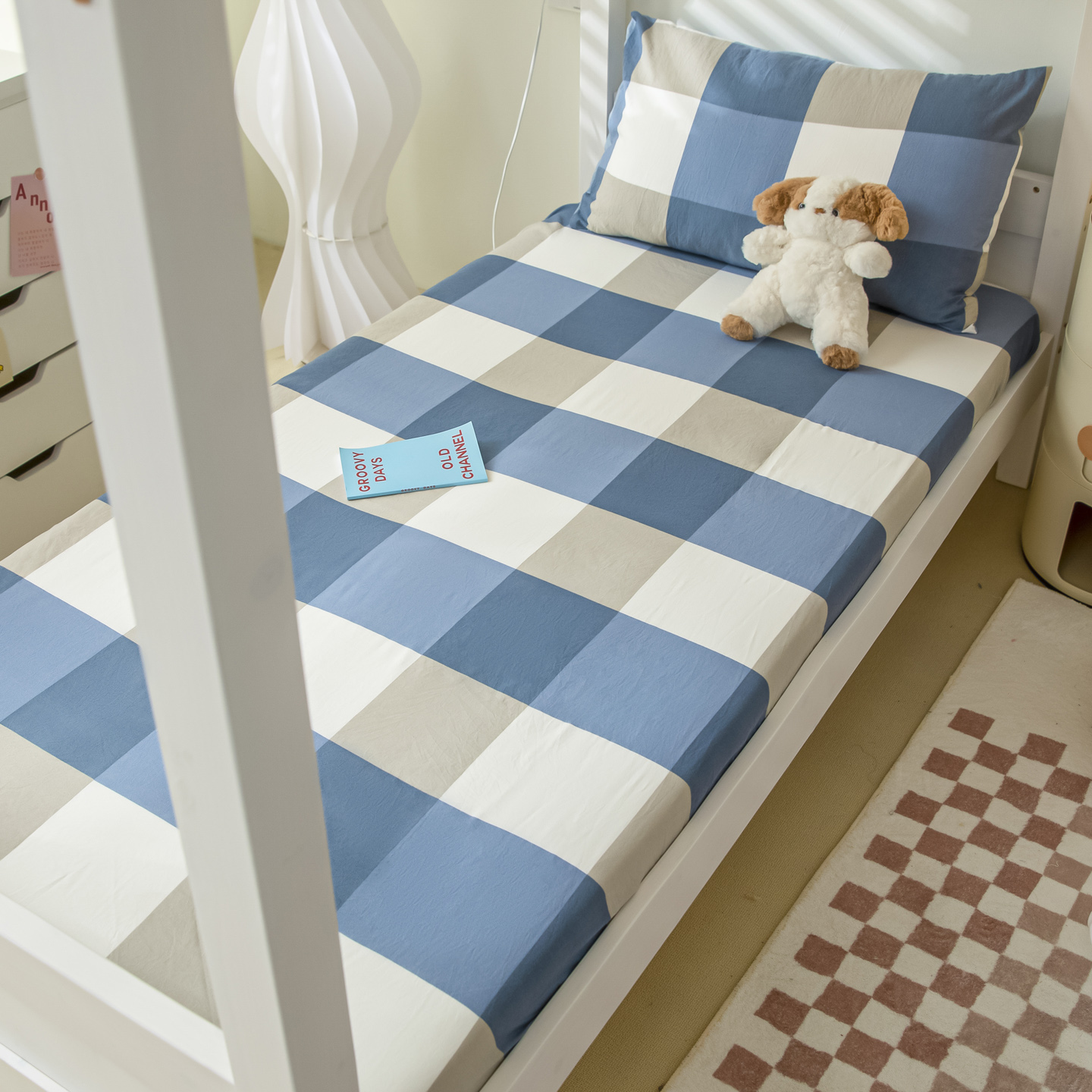 2025新款水洗棉格子印花床笠三件套