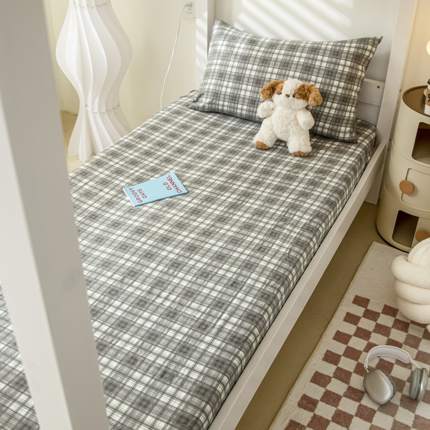 2025新款水洗棉格子印花床笠三件套