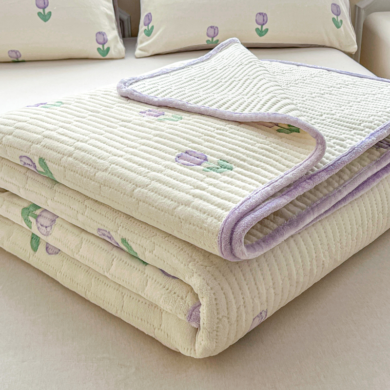 2025新款亲肤牛奶绒床盖系列 牛奶绒床盖-郁金香-紫