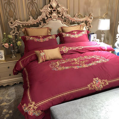 涞乐家纺高端婚庆刺绣系列四件套大红 1.8m（6英尺）床 蔷薇之夜