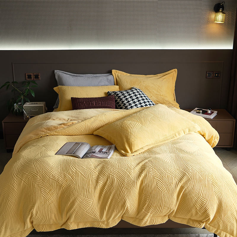 涞乐 韩国绒四件套荣耀系列短毛绒浮雕绒牛奶绒 1.8m（6英尺）床 荣耀黄色