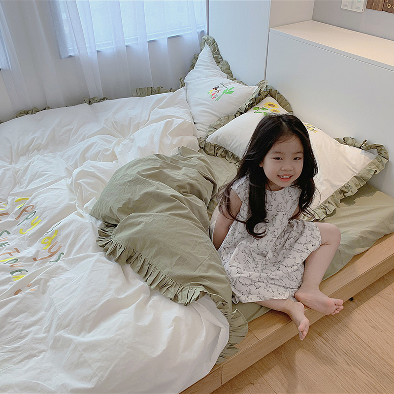 2021新款韩国治愈系卡通绣花水洗棉四件套---模特图 1.5m床单款四件套 向日葵女孩