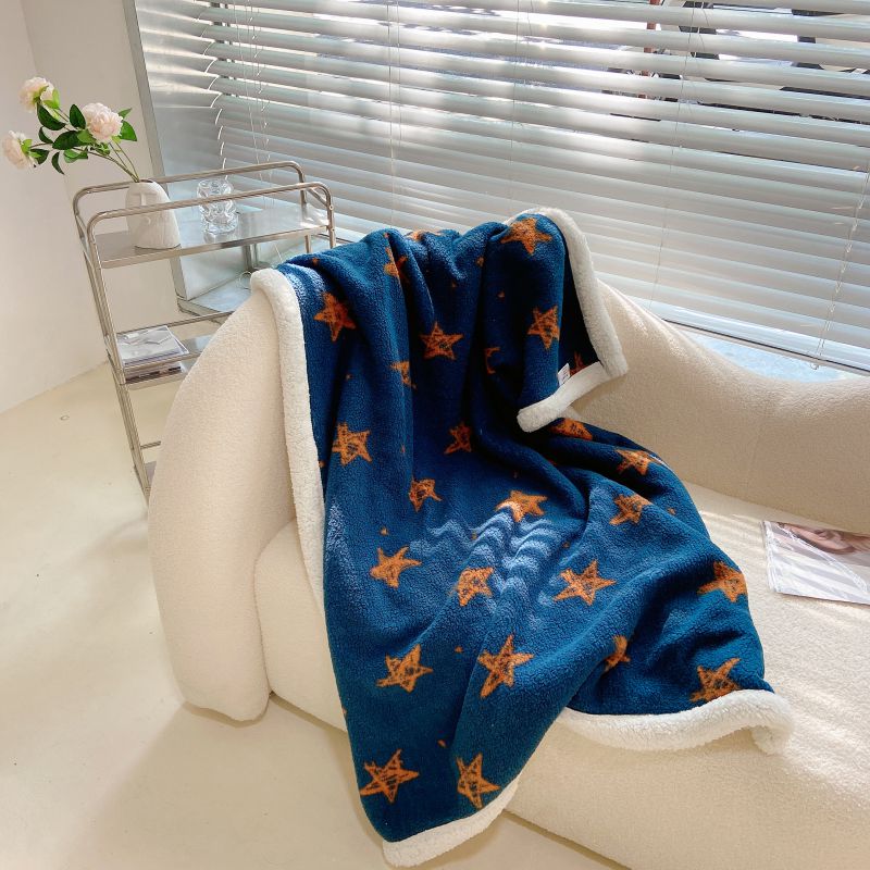 2021新款加厚羊羔绒盖毯毯子 印花款 120x150cm 蓝色星星