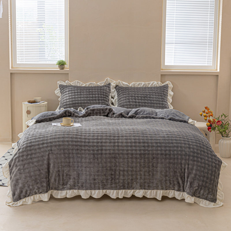 2025新款泡泡牛奶绒荷叶边款四件套 泡泡绒飞边深灰
