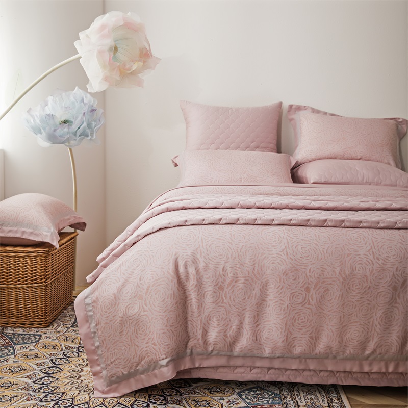 2026新款50s莱赛尔天丝轻奢撞色款床盖多件套 绽放 山茶粉