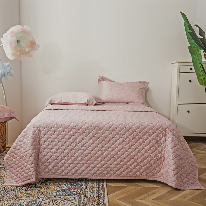 2026新款50s莱赛尔天丝床盖被轻奢撞色款四件套 绽放 山茶粉