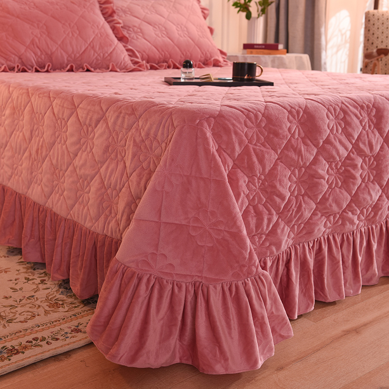 床盖 夹棉床单 水晶绒床盖床裙三件套 190x235cm 适合1.-2-1.3 豆沙