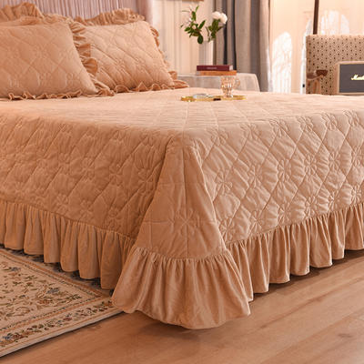 床盖 夹棉床单 水晶绒床盖床裙三件套 190x235cm 适合1.-2-1.3 驼色