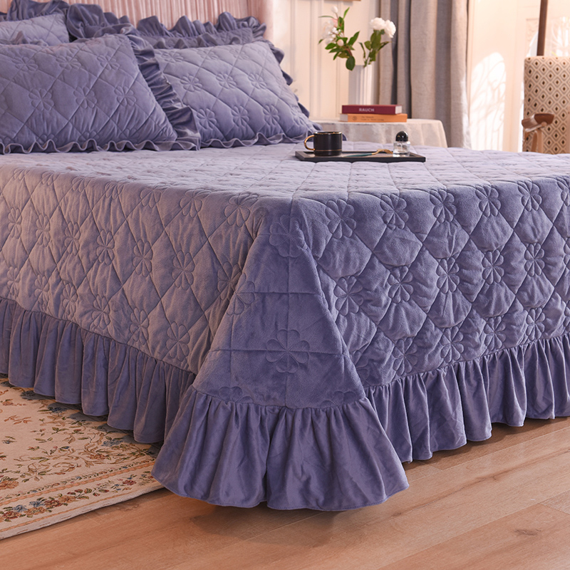 床盖 夹棉床单 水晶绒床盖床裙三件套 190x235cm 适合1.-2-1.3 蓝紫