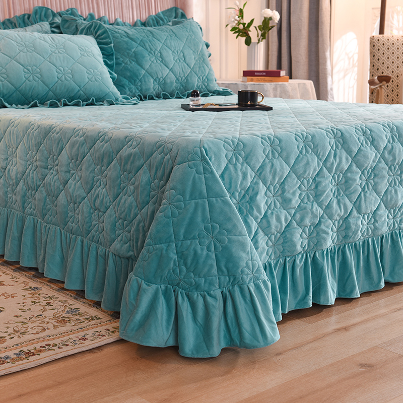 床盖 夹棉床单 水晶绒床盖床裙三件套 190x235cm 适合1.-2-1.3 水影兰