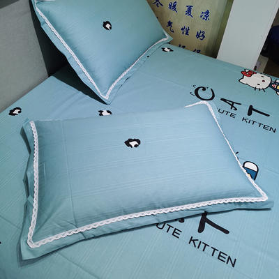 2022新款三枚缎卡细纱纯棉帆布凉席单枕套（花边款） 枕套/对 KT猫蓝
