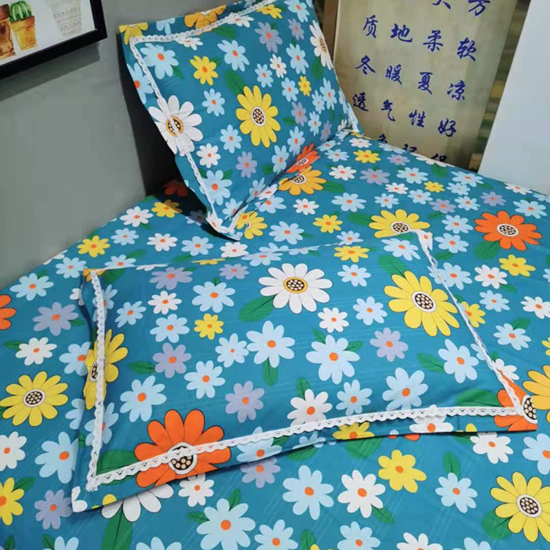 2022新款三枚缎卡细纱纯棉帆布凉席单枕套（花边款） 枕套/对 蓝色太阳花