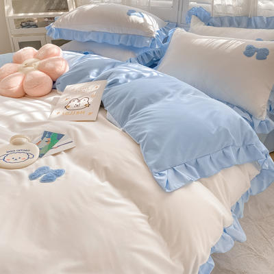 2022春夏新款韩式公主风水洗棉四件套ins少女心床单被套三件套床上用品 1.5m床单被套180*220 初恋-白蓝
