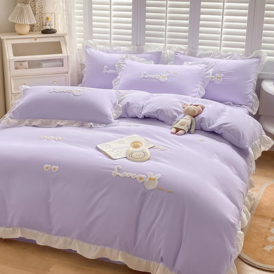 网红款韩式公主风水洗棉四件套ins少女心床单被套学生三件套床上用品 1.5m床单被套180*220 可爱兔-紫