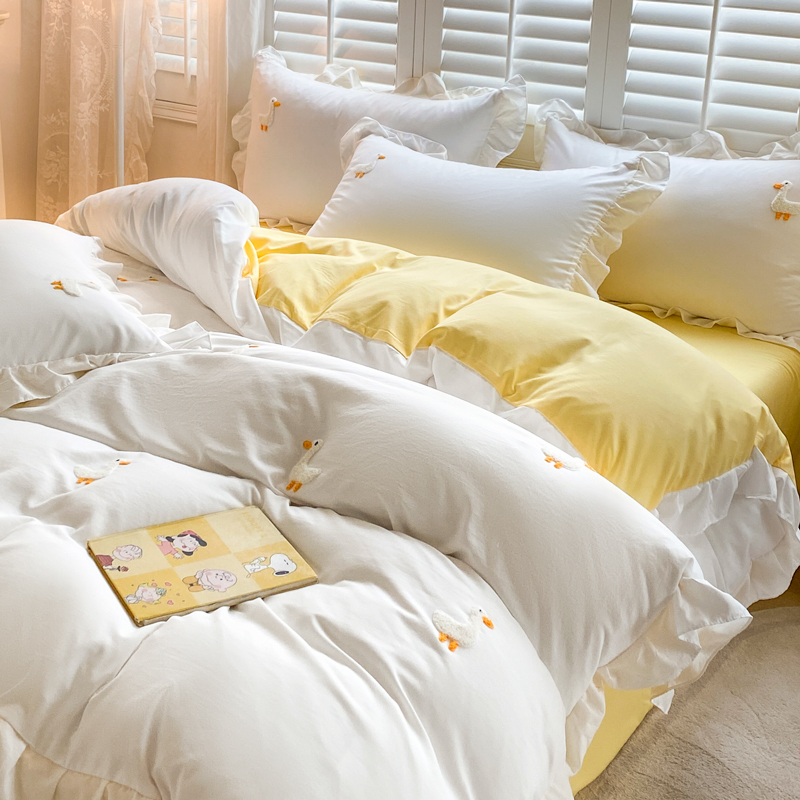 2023新款水洗棉毛巾绣卡通风四件套韩式公主风床上用品（专版花型） 1.2m床单三件套 小鸭子