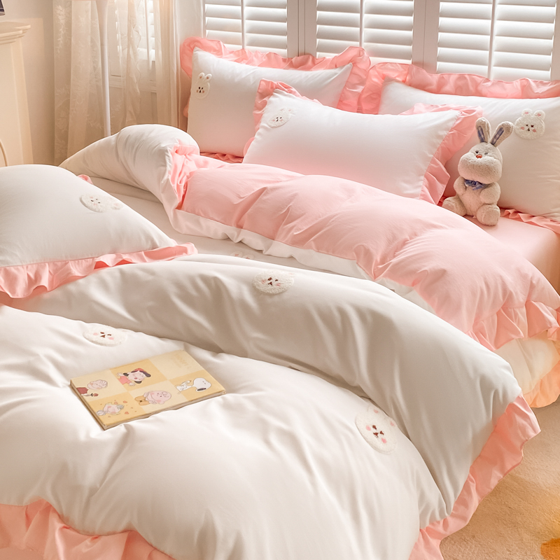 2023新款水洗棉毛巾绣卡通风四件套韩式公主风床上用品（专版花型） 1.2m床单三件套 小白兔-粉白