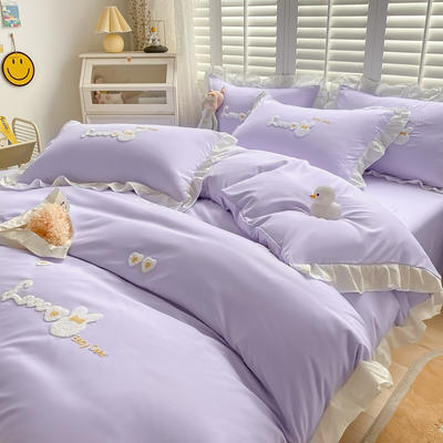 2023新款水洗棉毛巾绣四件套公主风套件床上用品（专版花型） 1.5m床单被套180*220 可爱兔-紫