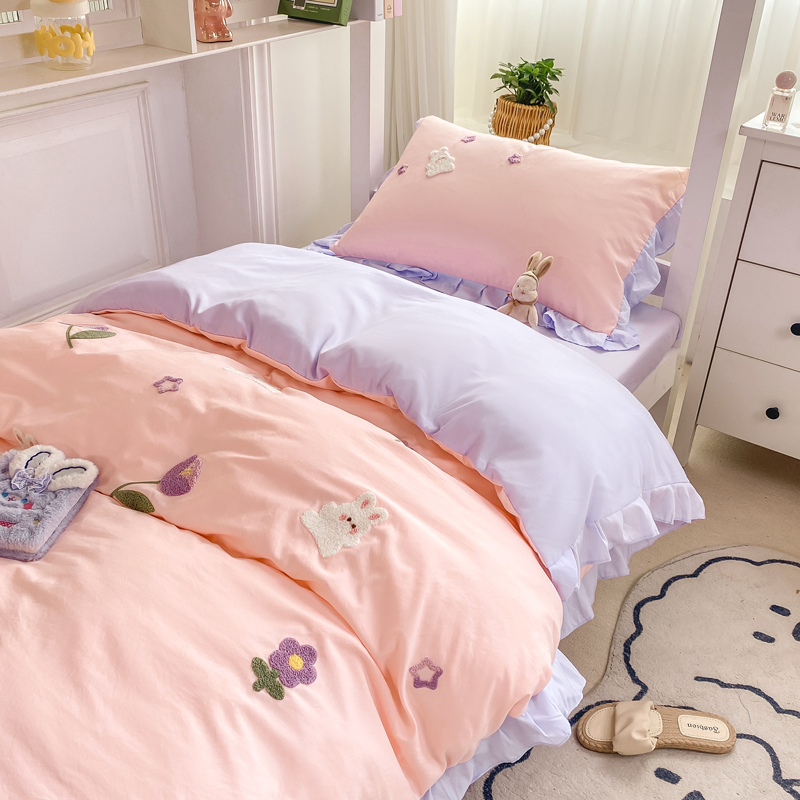 2024新款韩版学生宿舍三件套水洗棉被套床上用品 1.0m床单三件套 郁金香-粉紫