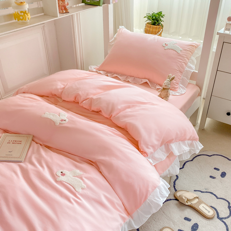 2023新款韩版学生宿舍三件套水洗棉被套床上用品 1.0m床单三件套 幸运兔-粉
