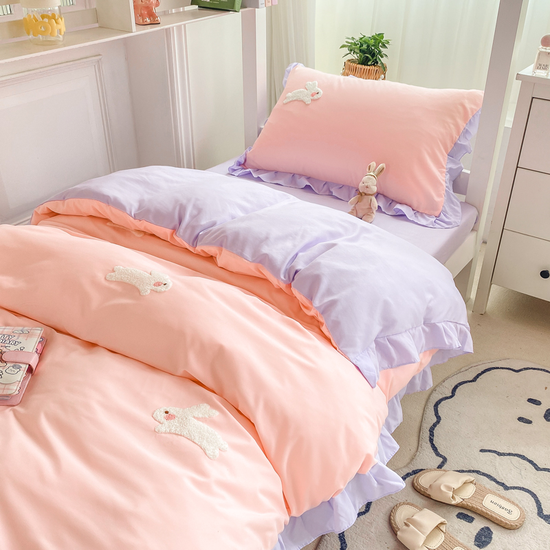 2024新款韩版学生宿舍三件套水洗棉被套床上用品 0.9m床单三件套 幸运兔-粉紫
