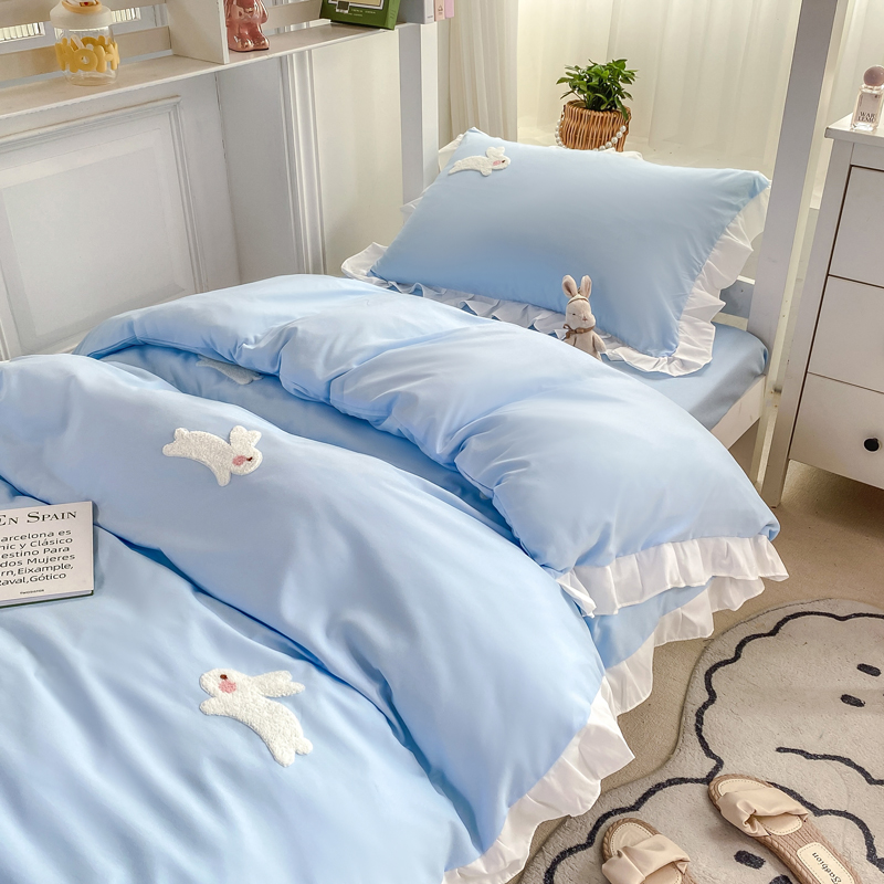 2024新款韩版学生宿舍三件套水洗棉被套床上用品 0.9m床单三件套 幸运兔-蓝