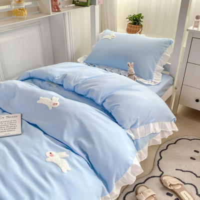 2023新款韩版学生宿舍三件套水洗棉被套床上用品 1.0m床单三件套 幸运兔-蓝
