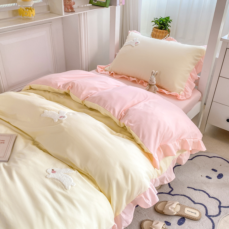 2023新款韩版学生宿舍三件套水洗棉被套床上用品 1.0m床单三件套 幸运兔-奶黄粉