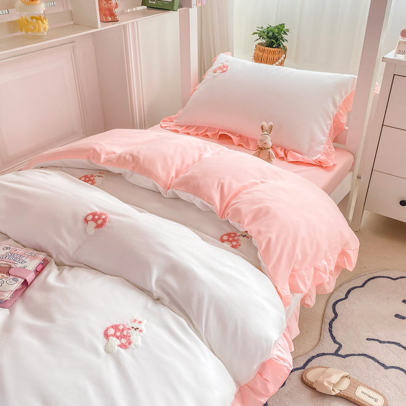 2024新款韩版学生宿舍三件套水洗棉被套床上用品 0.9m床单三件套 蘑菇兔-粉白