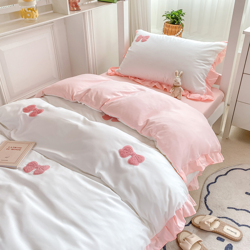 2024新款韩版学生宿舍三件套水洗棉被套床上用品 0.9m床单三件套 蝴蝶结-粉白