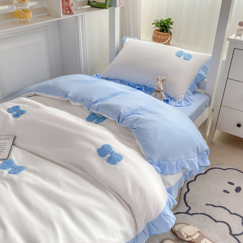 2024新款韩版学生宿舍三件套水洗棉被套床上用品 0.9m床单三件套 蝴蝶结-白蓝