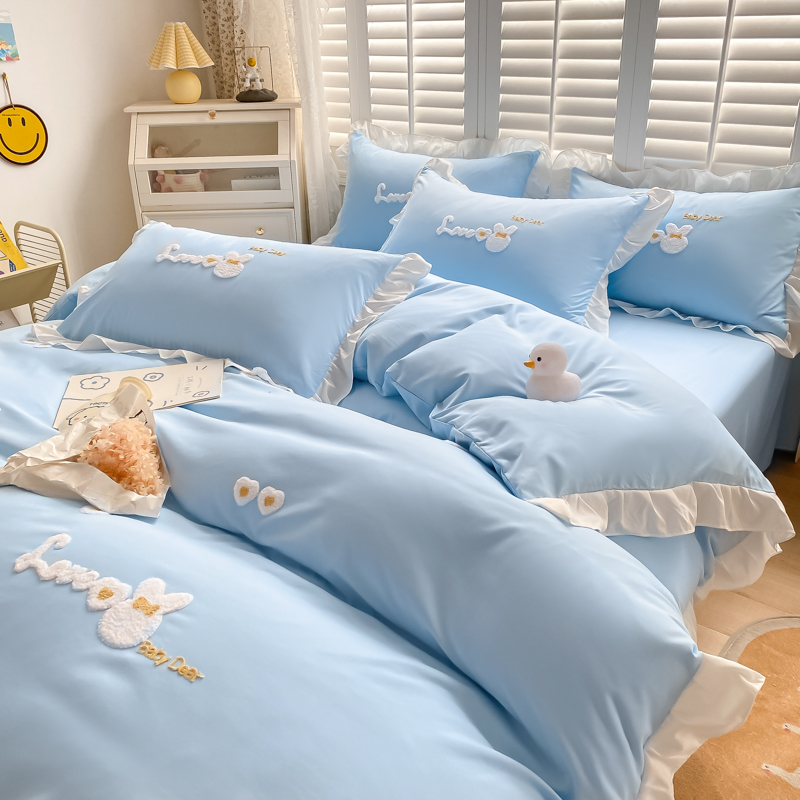 2024新款韩版学生宿舍三件套水洗棉被套床上用品 0.9m床单三件套 可爱兔-蓝