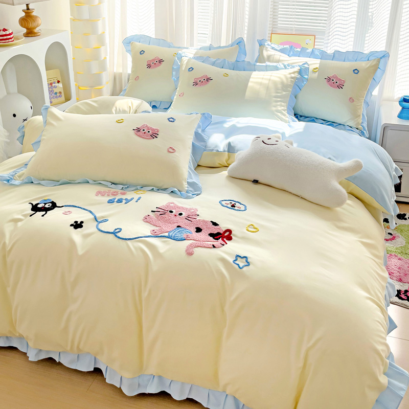 2024新款水洗棉毛巾绣四件套床上用品顽皮猫系列（专版花型） 1.2m床单三件套 顽皮猫-奶黄蓝