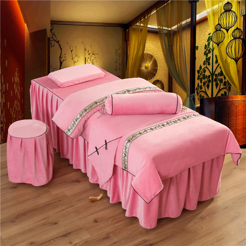 2020新款美容床罩（水晶绒款）--雅典娜 60*180方头床罩五件套 粉色