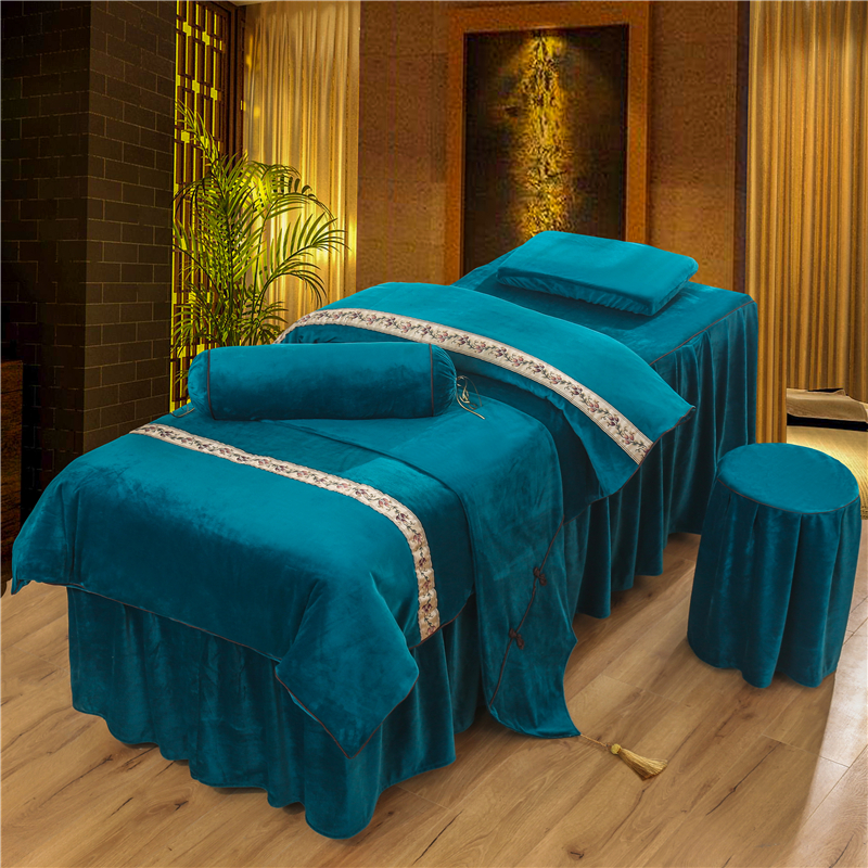 2020新款美容床罩（水晶绒款）--雅典娜 60*180方头床罩五件套 孔雀蓝