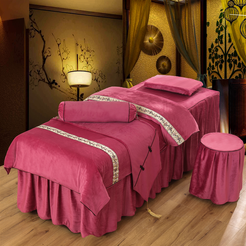 2020新款美容床罩（水晶绒款）--雅典娜 60*180方头床罩五件套 玫红