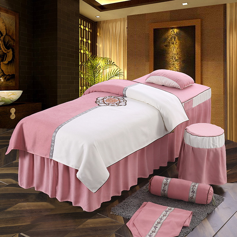 2020新款美容床罩套件--国色天香A款 60*180方头床罩五件套 粉色