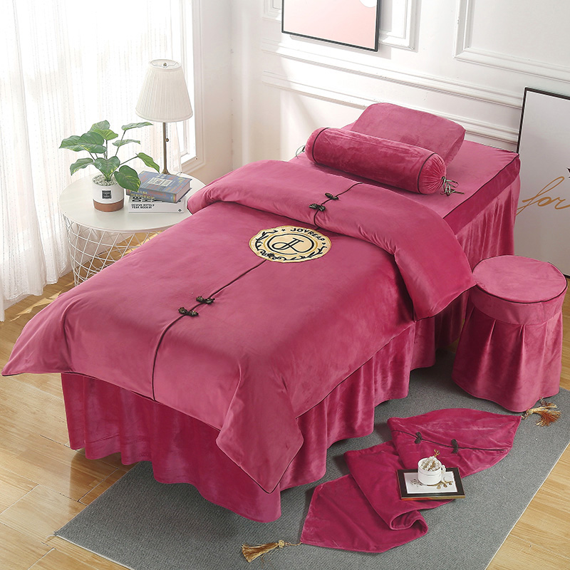 2021新款水晶绒美容床罩套件--雅致系列 60*180方头床罩四件套 玫红