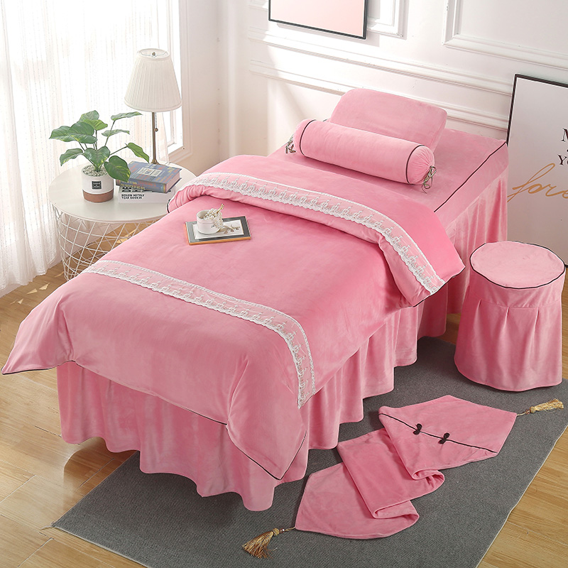 2021新款水晶绒美容床罩套件--梦巴黎系列 60*180方头床罩四件套 粉色