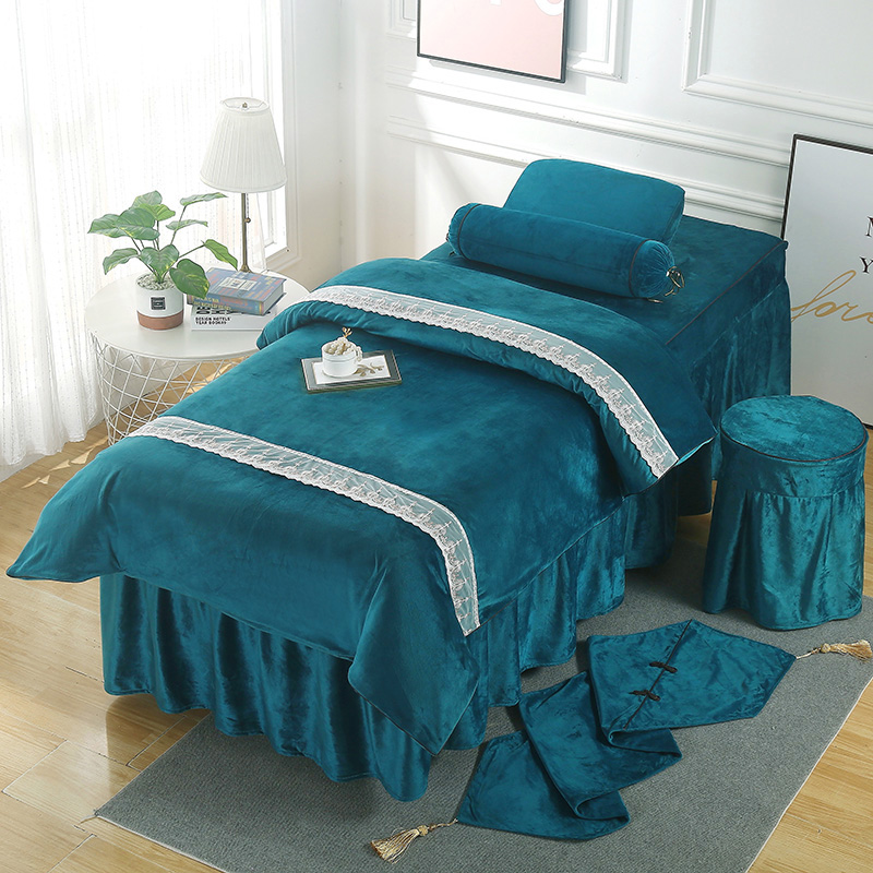2021新款水晶绒美容床罩套件--梦巴黎系列 60*180方头床罩四件套 孔雀蓝
