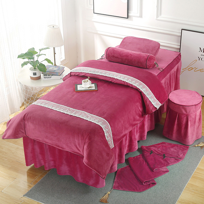 2021新款水晶绒美容床罩套件--梦巴黎系列 60*180方头床罩四件套 玫红