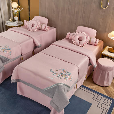 2021新款蚕丝麻美容床罩系列套件—春风拂面系列（风格二） 60*180方头床罩四件套 春风拂面-粉色