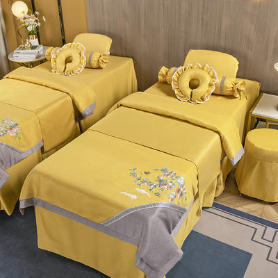 2021新款蚕丝麻美容床罩系列套件—春风拂面系列（风格二） 60*180方头床罩四件套 春风拂面-黄色