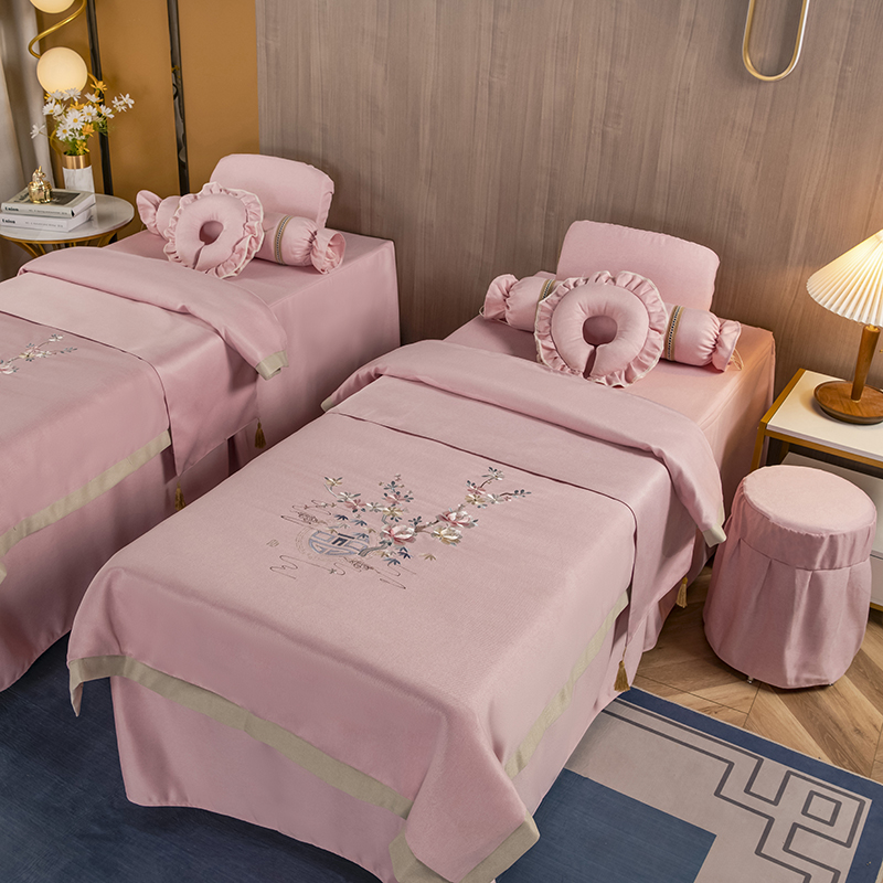 2021新款蚕丝麻美容床罩系列套件—四季如春系列（风格二） 60*180方头床罩四件套 四季如春-粉色