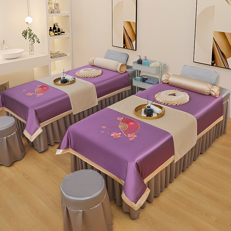 2023新款欧洲尼美容床罩系列套件—扇子款（此款控价188） 60*180方头床罩四件套 扇子款紫+灰色 被套紫色