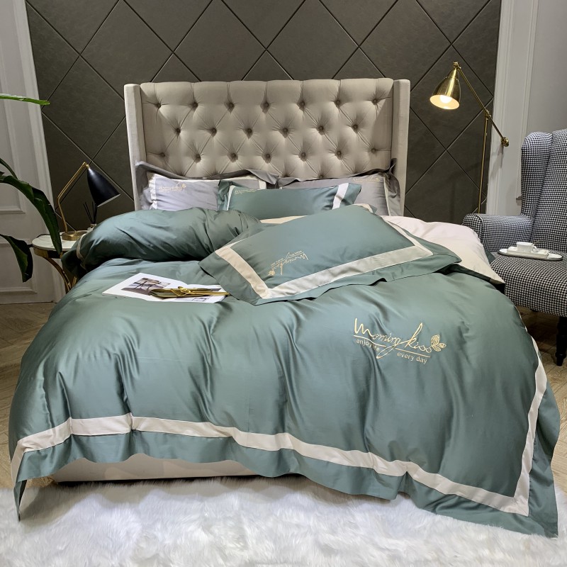 2019新款-纯色拼色绣花四件套 1.8m（6英尺）床 橄榄绿