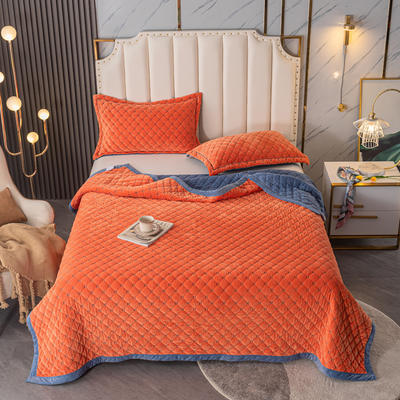 2021新款水晶绒绣花毛毯盖被双层夹棉加厚床盖 200cmx230cm 橙+蓝