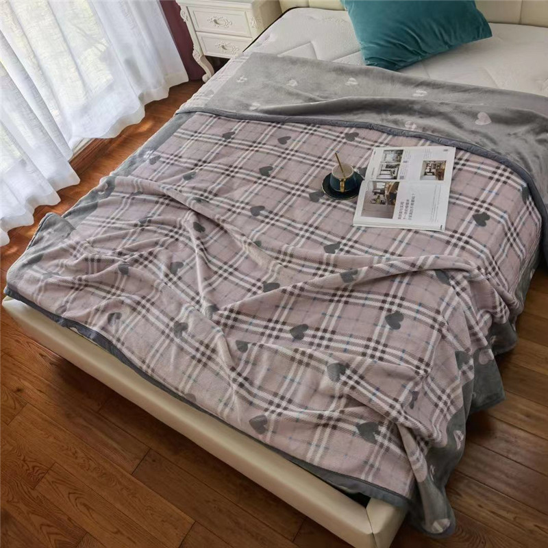2021新款AB版加厚复合云毯法莱绒毛毯空调休闲毯沙发盖毯 200*230cm 粉格